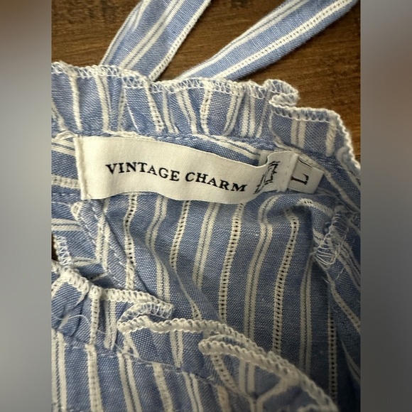 Vintage Charm Womens Large Ruffled Peplum Blue Striped Flutter Sleeve Blouse - Picture 6 of 9